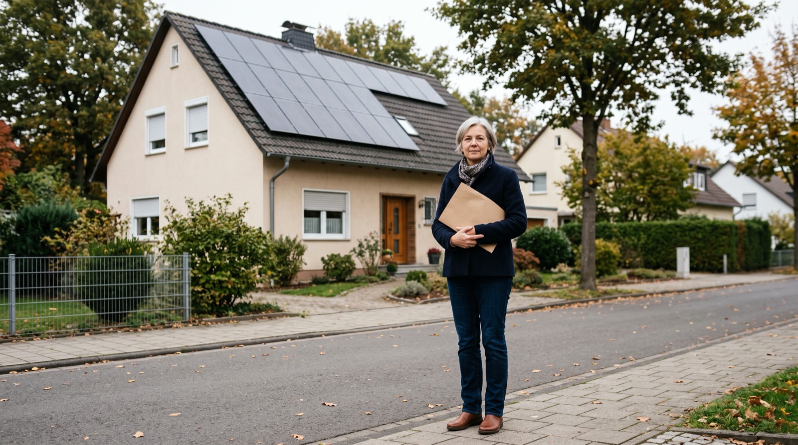 Eine Hausbesitzerin steht vor ihrem Einfamilienhaus, auf einem Teil des Dachs sind Photovoltaikmodule montiert